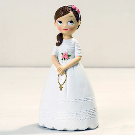 CAKE TOPPER COMUNIONE/CRESIMA BIMBA CON VESTITO LUNGO CON ROSARIO 16,5cm