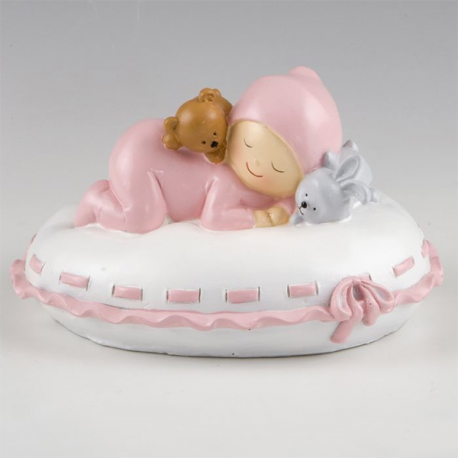 CAKE TOPPER NASCITA/BATTESIMO BIMBA CON CUSCINO ROSA 16x10x14cm