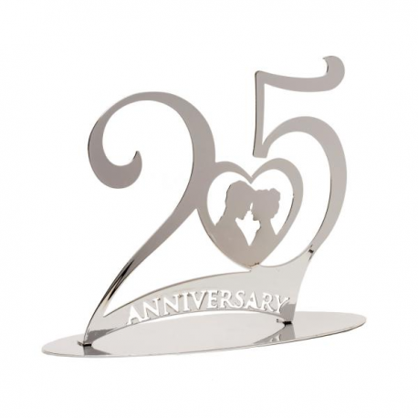 CAKE TOPPER 25° ANNIVERSARIO METALLO ARGENTO 20x16cm