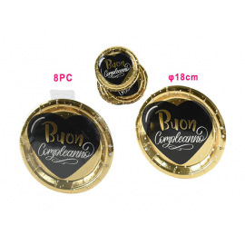 PIATTI BUON COMPLEANNO CUORE NERO 18 cm - 8 Pz.