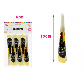 TROMBETTE ORO BUON COMPLEANNO CUORE NERO - 6 Pz.