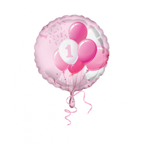 PALLONCINO MYLAR - FOIL \\"1° COMPLEANNO\\" ROSA - 45cm