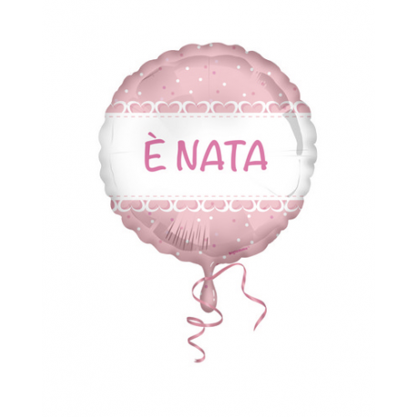 PALLONCINO MYLAR - FOIL \\"E' NATA\\" CUORI ROSA - 45cm