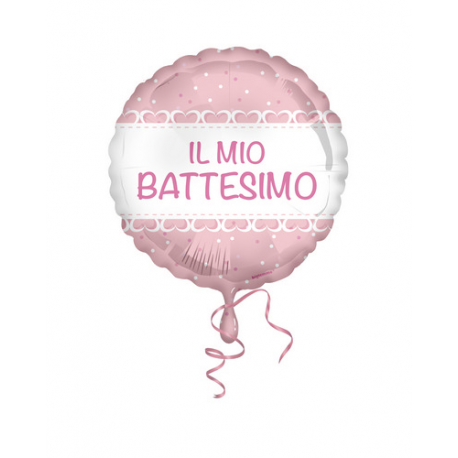 PALLONCINO MYLAR - FOIL \\"IL MIO BATTESIMO\\" CUORI ROSA - 45cm