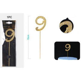 CAKE TOPPER NUMERO \\"9\\" ORO CON DIAMANTI 15cm