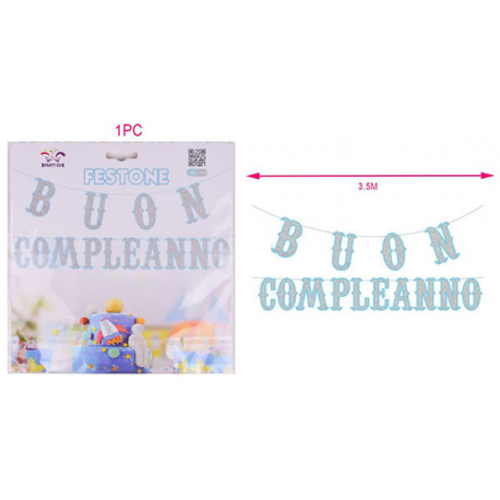 FESTONE BUON COMPLEANNO ARGENTO GLITTER- AZZURRO 3,5 mt