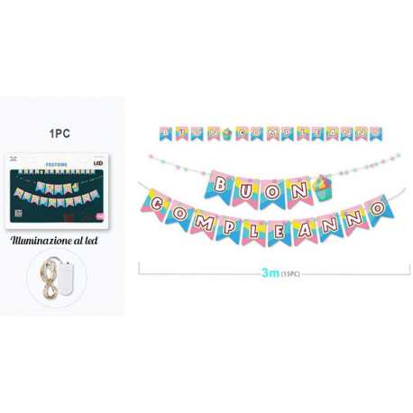 FESTONE BUON COMPLEANNO CUPCAKE CON ILLUMINAZIONE LED 3 mt