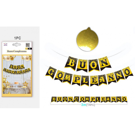 FESTONE BUON COMPLEANNO ORO - NERO 3 mt
