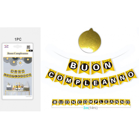 FESTONE BUON COMPLEANNO ORO - NERO CON STELLE 3 mt