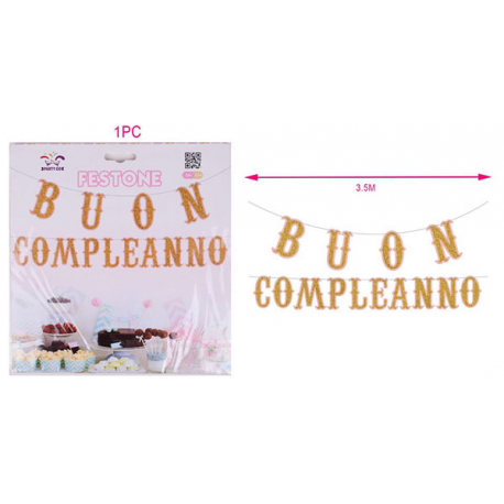 FESTONE BUON COMPLEANNO ORO GLITTER- ROSA 3,5 mt
