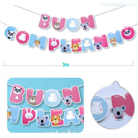FESTONE BUON COMPLEANNO ROSA E AZZURRO CON ANIMALI 3 mt