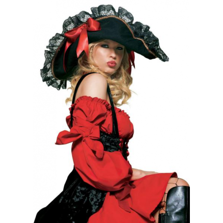 CAPPELLO PIRATESSA CON PIZZO NERO E FIOCCO ROSSO - Leg Avenue