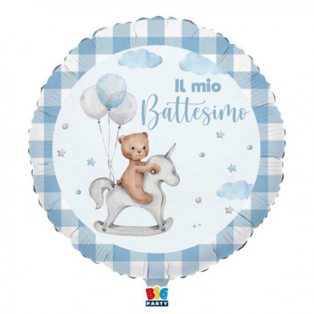 PALLONCINO MYLAR BATTESIMO AZZURRO TEDDY BEAR 45cm