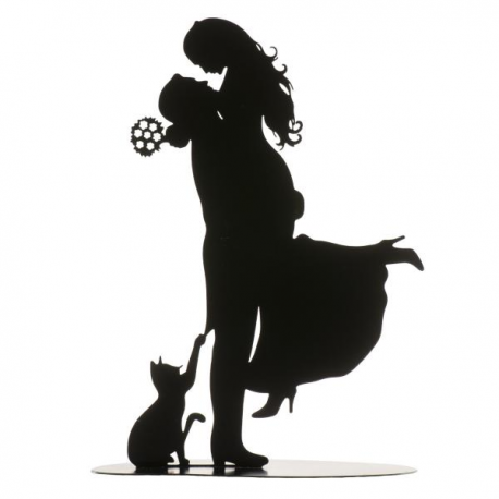 CAKE TOPPER METALLO NERO \\"SPOSI CON GATTINO\\" 18cm