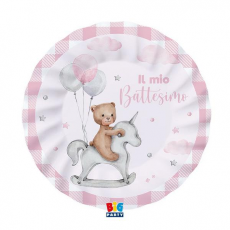 PIATTI BATTESIMO ROSA TEDDY BEAR 8 pezzi 25cm