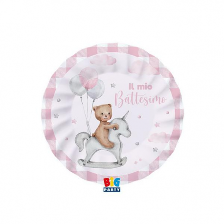 PIATTINI BATTESIMO ROSA TEDDY BEAR 8 pezzi 20cm