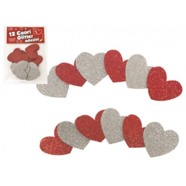 CONF.12 CUORI GLITTER ADESIVI ø 4,5 cm ROSSO E ARGENTO