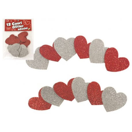 CONF.12 CUORI GLITTER ADESIVI ø 4,5 cm ROSSO E ARGENTO