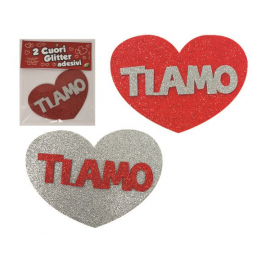 CONFEZIONE 2 ADESIVI CUORI GLITTER \\"TI AMO\\" ROSSO E ARGENTO IN GOMMA \\"CREPLA\\"