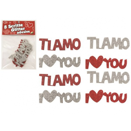 CONFEZIONE 8 SCRITTE ADESIVE GLITTER ROSSO E ARGENTO IN GOMMA \\"CREPLA\\"
