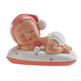 CAKE TOPPER NASCITA BEBE' ADDORMENTATA CON PON PON ROSA 10cm