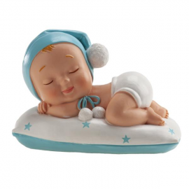 CAKE TOPPER NASCITA BEBE' ADDORMENTATO CON PON PON AZZURRO 10cm