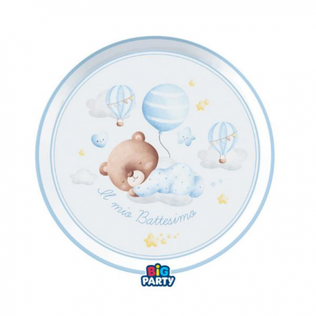 PIATTINI BATTESIMO \\"BABY BEAR AZZURRO\\" 18cm - 6 pezzi