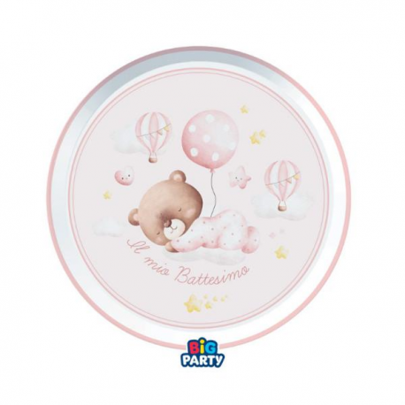PIATTINI BATTESIMO \\"BABY BEAR ROSA\\" 18cm - 6 pezzi