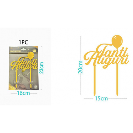 CAKE TOPPER \\"TANTI AUGURI\\" ORO CON PALLONCINO - 20x15cm