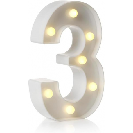 NUMERO \\"3\\" LUMINOSO BIANCO - Luce LED calda - 22cm