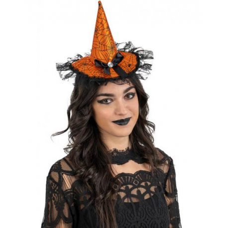CAPPELLINO CERCHIETTO IN RASO ARANCIONE CON FIOCCO E PIZZO