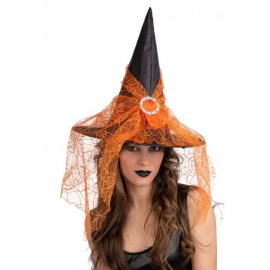 CAPPELLO STREGA NERO IN TESSUTO PLASTICATO CON VOILE ARANCIONE H.CM.35