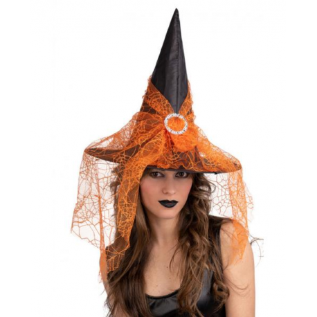 CAPPELLO STREGA NERO IN TESSUTO PLASTICATO CON VOILE ARANCIONE H.CM.35