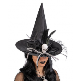 CAPPELLO STREGA PREMIUM NERO CON TESCHIO e DECORAZIONI - 35cm