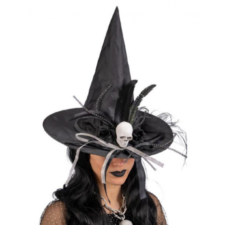 CAPPELLO STREGA PREMIUM NERO CON TESCHIO e DECORAZIONI - 35cm