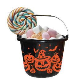 SECCHIELLO HALLOWEEN NERO CON ZUCCHE ARANCIONI 18x16cm in plastica