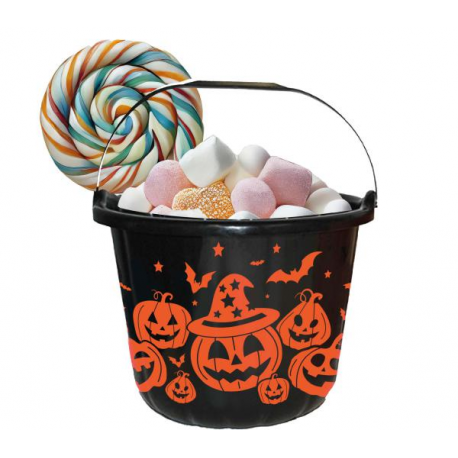 SECCHIELLO HALLOWEEN NERO CON ZUCCHE ARANCIONI 18x16cm in plastica