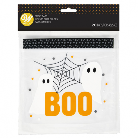 SACCHETTI RICHIUDIBILI FANTASMINI BOO HALLOWEEN per biscotti, dolci o caramelle - 20 Pezzi - 17cm x 20cm