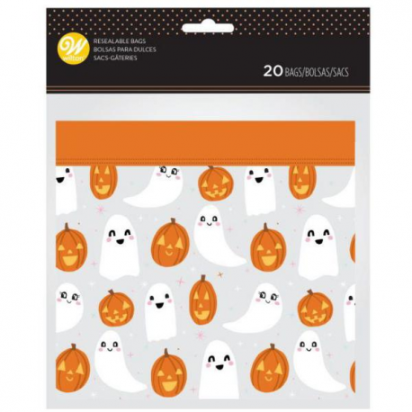 SACCHETTI RICHIUDIBILI FANTASMINI/ZUCCHE HALLOWEEN per biscotti, dolci o caramelle - 20 Pezzi - 17cm x 20cm