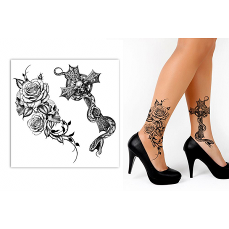 TATUAGGIO TESCHIO, ROSA E CROCE 14,5x14,5 CM