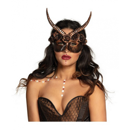 MASCHERA BRONZO CON FIORI E CORNA