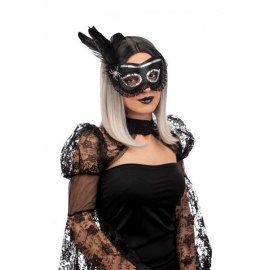 MASCHERA IN TESSUTO NERO CON RAGNO E DECORAZIONE IN PIUMA