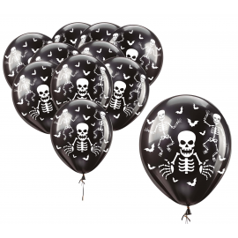 PALLONCINI NERI SCHELETRO HALLOWEEN 30cm - 10 Pz.