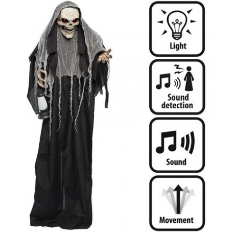 SCHELETRO FANTASMA "SHINING REAPER" su piedistallo (LUCI, MOVIMENTO e SUONO) 180cm - Batterie non incluse