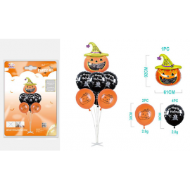 SET 6 PALLONCINI IN LATTICE HALLOWEEN + ZUCCA MYLAR CON SUPPORTO " Adatti per centrotavola"