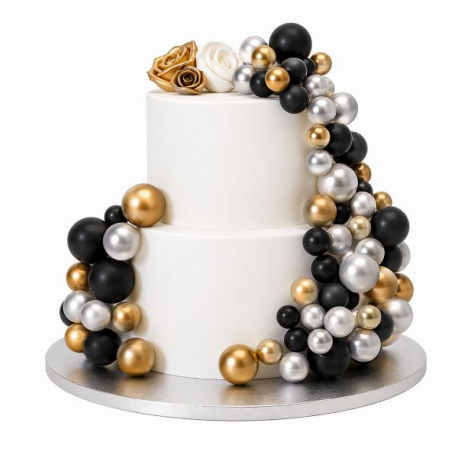 CAKE TOPPER BALL SET \\"ORO/ARGENTO METAL & NERO\\" - Set da 32 pezzi