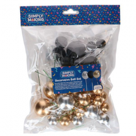 CAKE TOPPER BALL SET \\"ORO/ARGENTO METAL & NERO\\" - Set da 32 pezzi