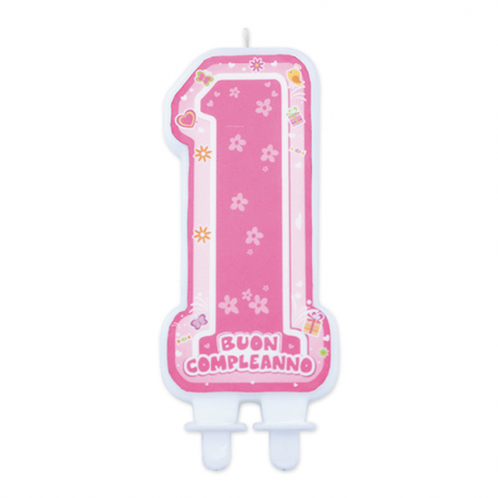 CANDELINA SAGOMATA 1° COMPLEANNO ROSA 6x12cm