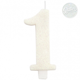 CANDELINA NUMERO 1 BIANCA GLITTER