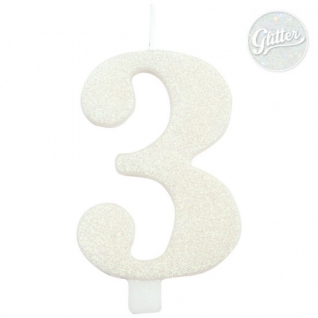 CANDELINA NUMERO 3 BIANCA GLITTER
